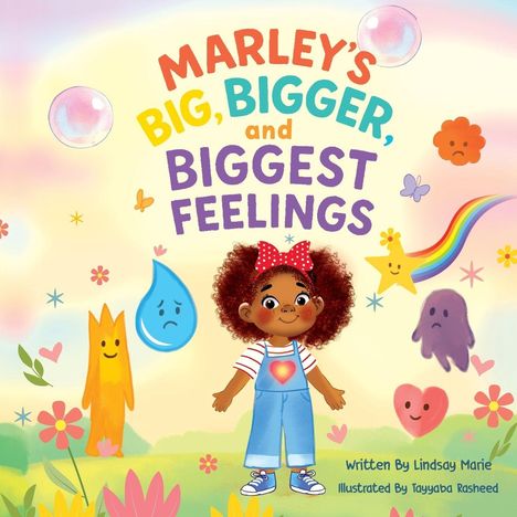 "MARLEY'S BIG, BIGGER, and BIGGEST FEELINGS." Ein fröhliches Mädchen mit roter Schleife, bunte Emotionen rundherum.