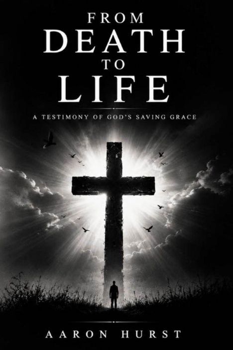 Text: "FROM DEATH TO LIFE: A TESTIMONY OF GOD'S SAVING GRACE - AARON HURST." Silhouette vor Kreuz und strahlendem Himmel.