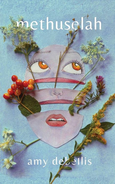 methuselah, amy debellis. Illustration eines Gesichts mit Blumen und Beeren, Gesicht in Streifen geschnitten.