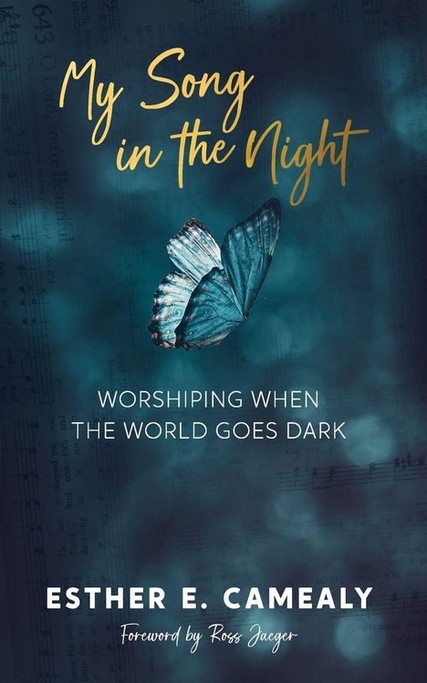 "My Song in the Night" oben, "Worshiping When the World Goes Dark" Mitte. Blauer Schmetterling auf dunklem Hintergrund.