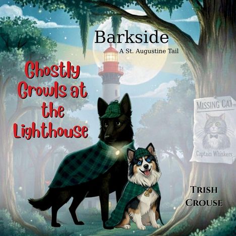 "Ghostly Growls at the Lighthouse" in roter Schrift. Zwei Hunde in Detektivkleidung, dahinter ein Leuchtturm bei Nacht.