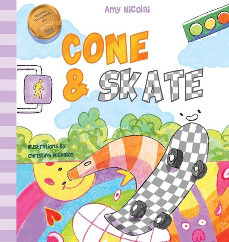 „CONE & SKATE“ in großen Buchstaben, dekoratives Skateboard, bunte Cartoon-Landschaft, fröhliche Charaktere.