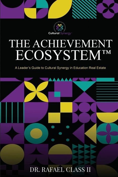 Buchtitel: "THE ACHIEVEMENT ECOSYSTEM™", von Dr. Rafael. Bunte geometrische Muster auf schwarzem Hintergrund.