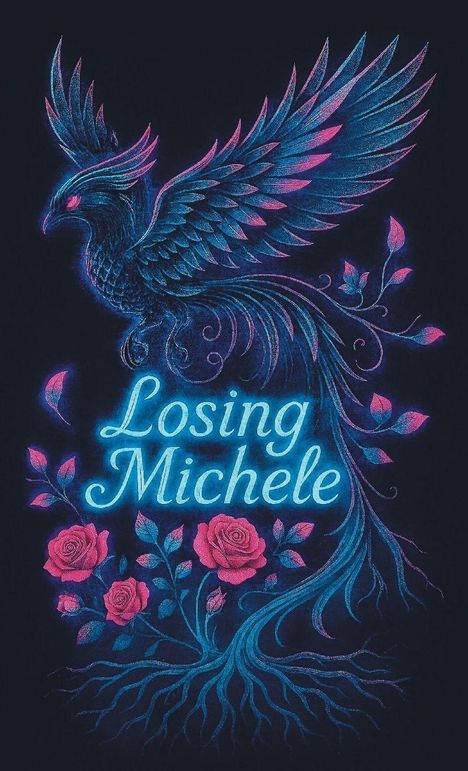 "Losing Michele" in leuchtender Schrift. Ein Phönix breitet seine Flügel über Rosen und Ranken aus.