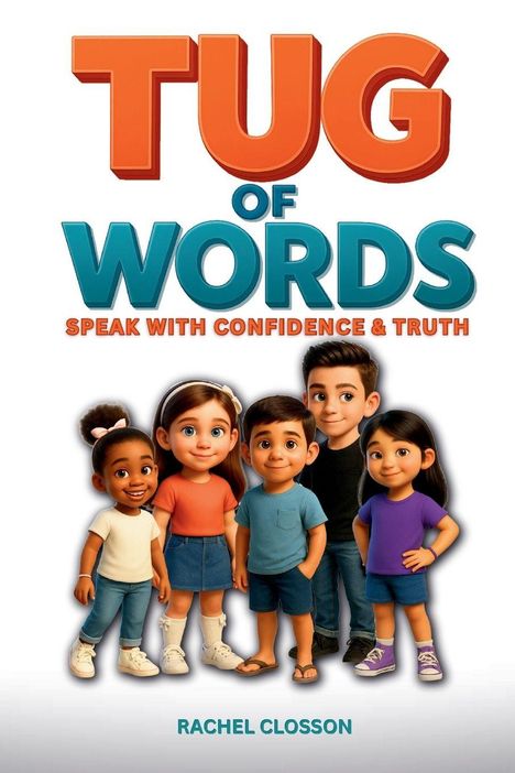 "TUG OF WORDS. SPEAK WITH CONFIDENCE & TRUTH. Rachel Closson." Fünf animierte Kinder stehen nebeneinander.