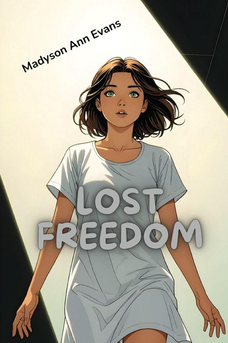 Text: "Madyson Ann Evans", "LOST FREEDOM". Illustration eines Mädchens im weißen T-Shirt, schaut nach oben.