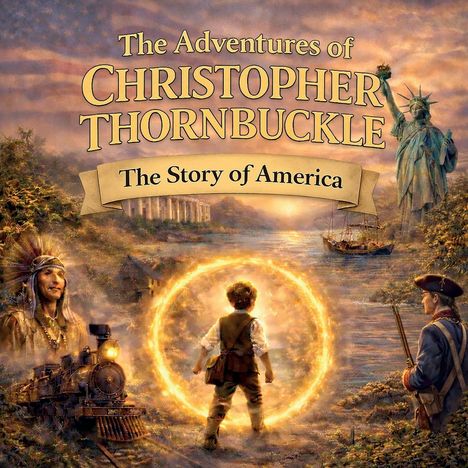 "The Adventures of Christopher Thornbuckle: The Story of America." Kind in Kreis aus Licht, mit Freiheitsstatue, Zug und Schiff.