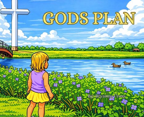 Text: "GODS PLAN" und "By: Bryanna Cross". Illustration: Mädchen am Fluss, große Landschaft mit Kreuz und Enten.