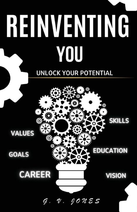 "REINVENTING YOU, UNLOCK YOUR POTENTIAL" über Glühbirne aus Zahnrädern und Wörter: VALUES, SKILLS, GOALS, EDUCATION, CAREER, VISION.