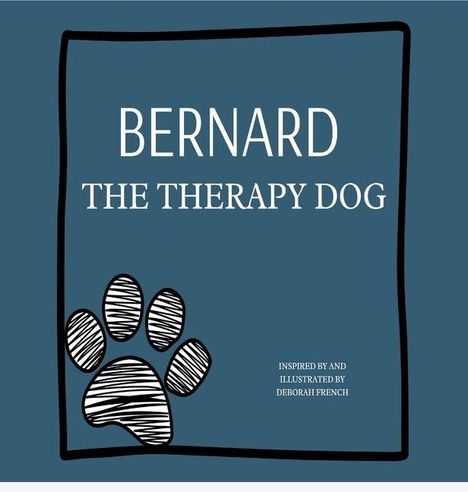 "BERNARD THE THERAPY DOG" steht in einem blauen Rahmen. Unten eine große schwarze Pfote.