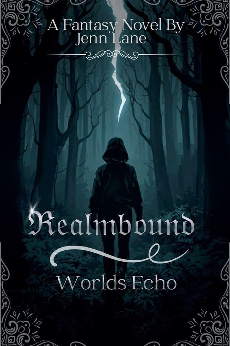 "A Fantasy Novel By Jenn Lane. Realmbound. Worlds Echo." Dunkler Wald mit einer Gestalt in Kapuze und verzierten Rändern.