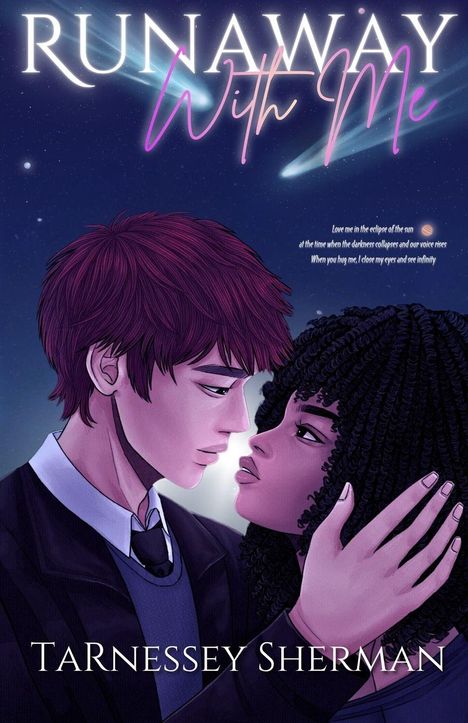 Text: "RUNAWAY With Me", "TaRnessey Sherman". Illustration: Ein Paar schaut sich unter einem Nachthimmel innig an.
