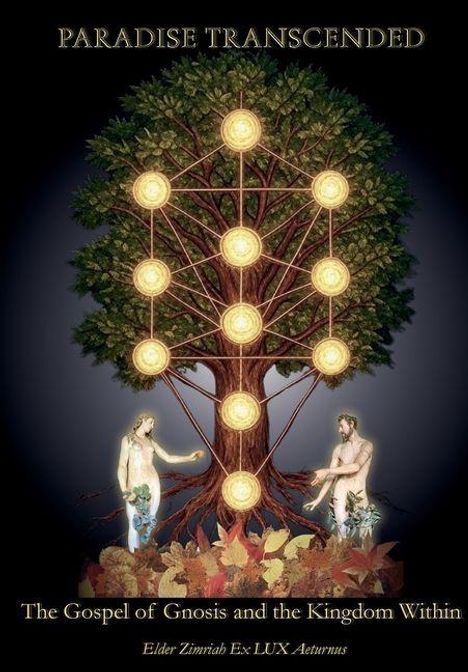 Text: "PARADISE TRANSCENDED" oben, "The Gospel of Gnosis and the Kingdom Within" unten. Illustration: Zwei Menschen, Baum mit leuchtenden Kreisen.