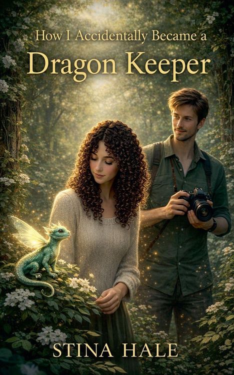 Titel: "How I Accidentally Became a Dragon Keeper". Autorenname: "Stina Hale". Illustration: Frau mit kleinem Drachen im Wald.