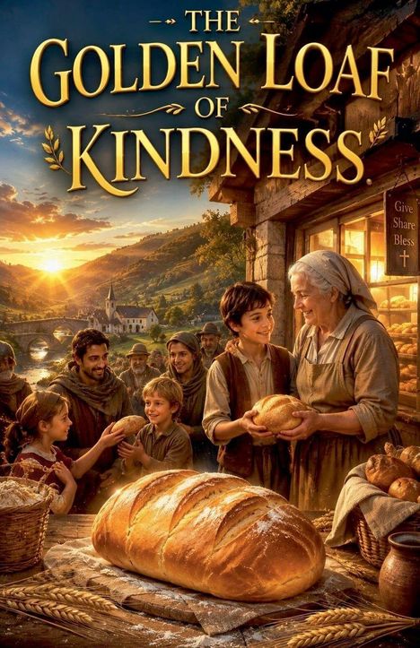 Text: "The Golden Loaf of Kindness" und "Give Share Bless". Illustration: Menschen teilen Brot bei Sonnenuntergang.