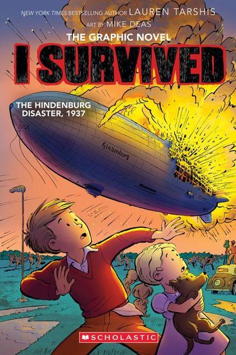 Text: "I Survived", "The Hindenburg Disaster, 1937". Zwei Kinder blicken erschrocken auf ein brennendes Luftschiff.