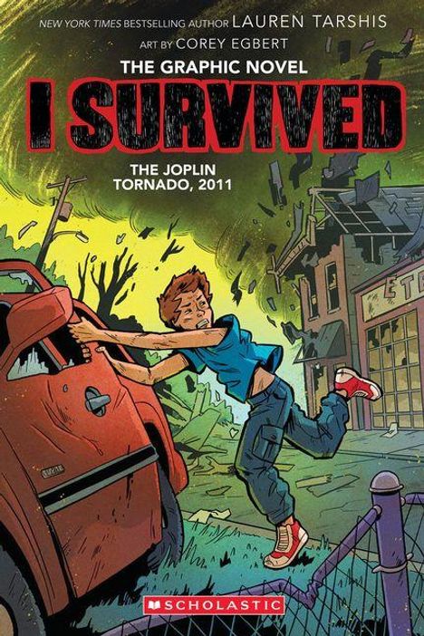 Text: I Survived - The Joplin Tornado, 2011. Illustration: Junge klammert sich an Auto, starker Sturm im Hintergrund.