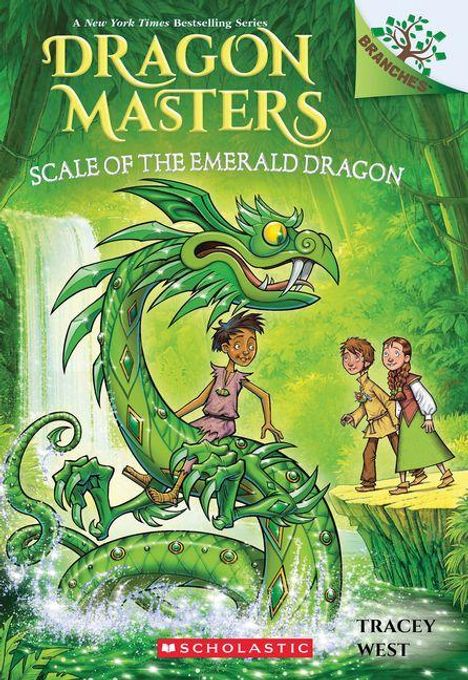 Text: "DRAGON MASTERS, SCALE OF THE EMERALD DRAGON, TRACEY WEST." Illustration eines Jungen auf einem grünen Drachen, zwei Kinder blicken zu.