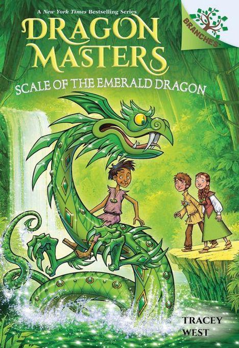 Text: "Dragon Masters: Scale of the Emerald Dragon." Illustration eines Jungen auf einem grünen Drachen am Wasserfall.