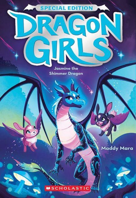 "Special Edition, Dragon Girls, Jasmine the Shimmer Dragon, Maddy Mara." Ein blauer Drache mit Flügeln und zwei fliegenden Gefährten.