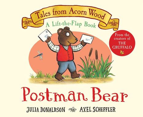 "Tales from Acorn Wood: A Lift-the-Flap Book. Postman Bear. Illustration: Ein Bär in roter Weste mit Briefen."