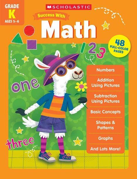 "Math. one, 123, three. Numbers, Addition, Subtraction, Basic Concepts, Shapes, Patterns, Graphs. Buntes Lama mit Sonnenbrille."