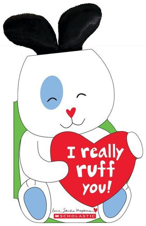 Ein niedlicher Hase hält ein rotes Herz mit dem Text „I really ruff you!“ und hat blaue Augenflecken.