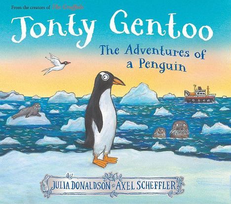 Text: "Jonty Gentoo: The Adventures of a Penguin". Pinguin auf Eisschollen im Meer, Vogel, zwei Seehunde und ein Schiff.