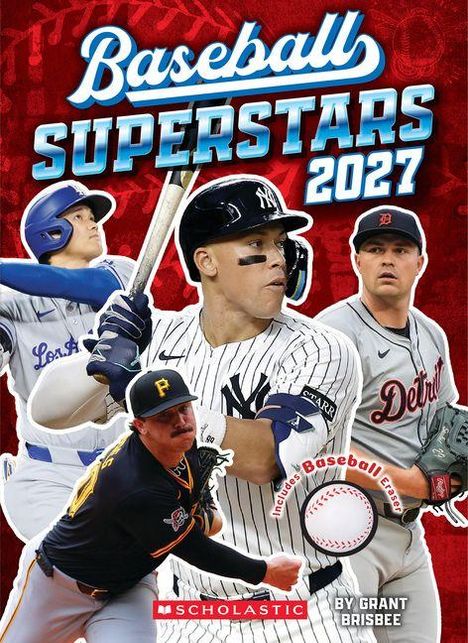 „Baseball Superstars 2027“ und „Includes Baseball Essay“. Spieler in Baseball-Uniformen, mittig ein Schlagmann in Weiß.