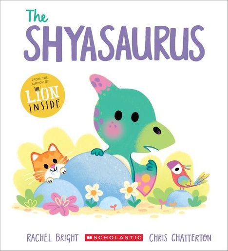 „The SHYASAURUS“ in großen Buchstaben. Illustration: Ein Dinosaurier, ein Kätzchen und ein Vogel hinter einem Felsen.