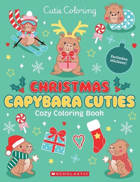 "Christmas Capybara Cuties Cozy Coloring Book" steht in großen Buchstaben. Illustrationen von Kapybaras in weihnachtlichem Umfeld.