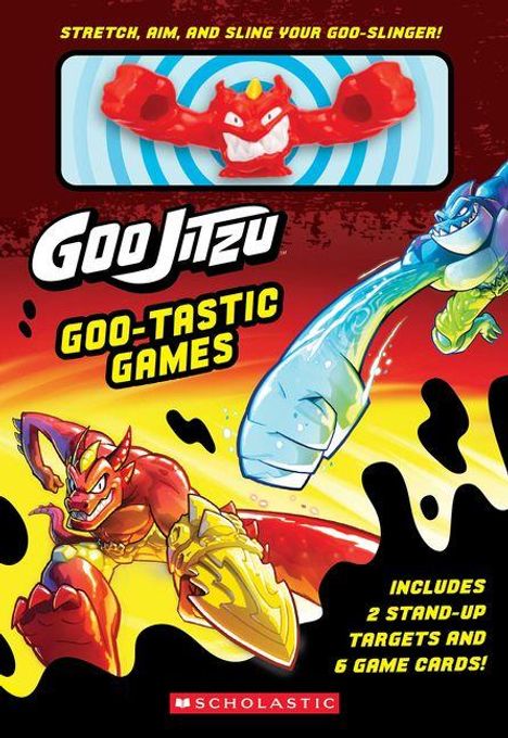 Text: "Goo Jit Zu", "Goo-Tastic Games", "Includes 2 stand-up targets and 6 game cards". Illustration zweier bunter Monster.