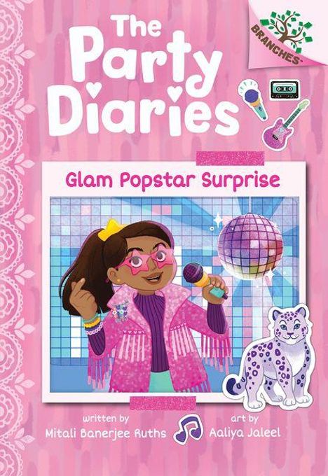 „The Party Diaries: Glam Popstar Surprise.“ Illustration mit einem fröhlichen Mädchen, Mikrofon und Schneeleopard.
