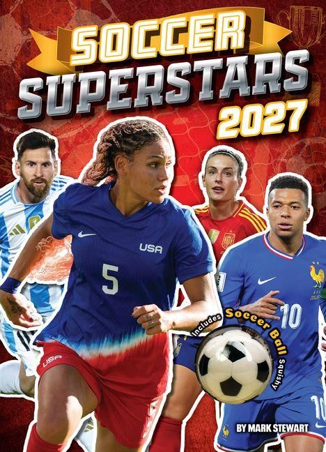 "Soccer Superstars 2027" in großer Schrift. Vier Fußballspieler in Aktion, vorne eine Spielerin mit USA-Trikot und die Zahl 5.