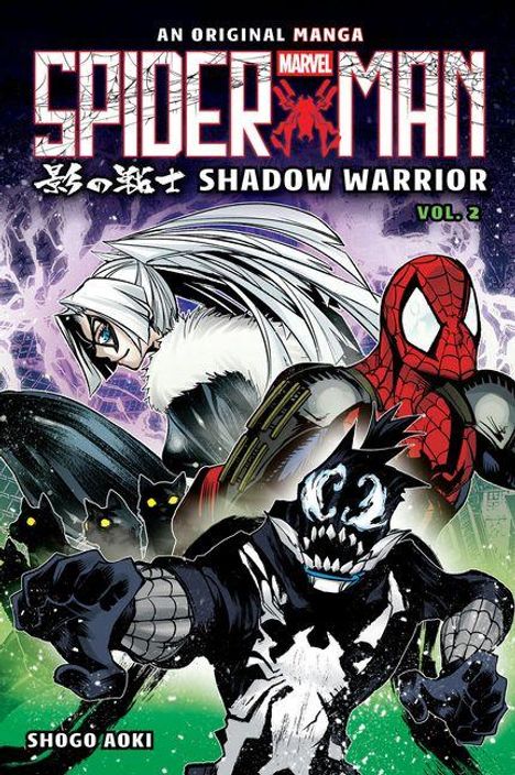 "Spider-Man: Shadow Warrior Vol. 2" zeigt Spider-Man, eine Figur in Schwarz-Weiß mit Reißzähnen und eine weibliche Figur.