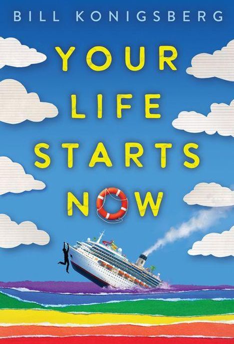 YOUR LIFE STARTS NOW. Ein Schiff fährt auf buntem Meer, ein Mann springt ins Wasser.