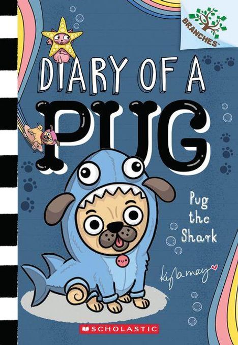 "Diary of a Pug: Pug the Shark" steht oben. Ein Comic-Pug im süßen Hai-Kostüm mit großen Augen und einer Knopfnase.