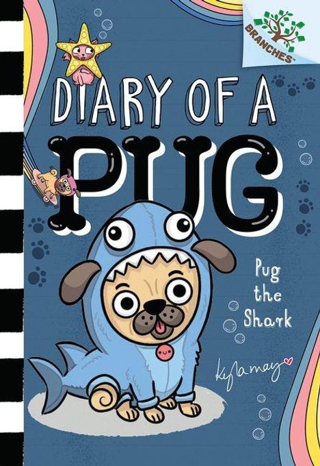 "Diary of a Pug", "Pug the Shark". Ein Mops im Hai-Kostüm. Bunte, verspielte Illustrationen mit einem Logo oben rechts.
