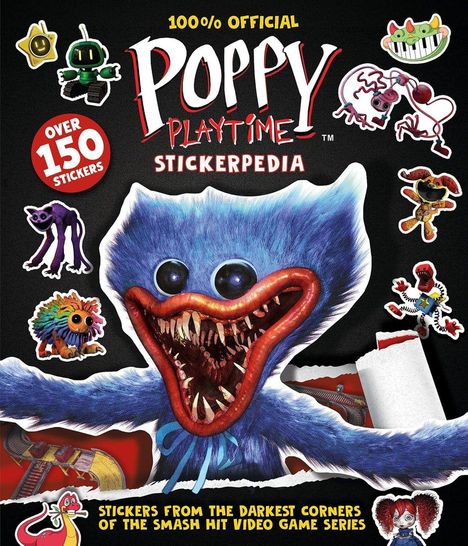 "Poppy Playtime Stickerpedia" mit „über 150 Stickers“ und verschiedenen bunten Monsterfiguren, zentrales blaues Monster.