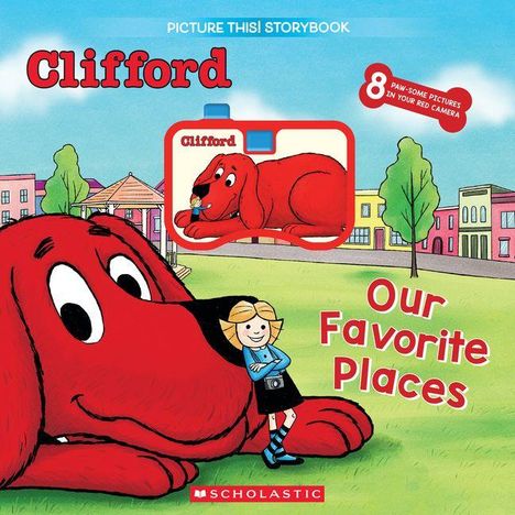 Clifford, Our Favorite Places. Illustration eines großen roten Hundes und eines Mädchens in einer bunten Stadt.