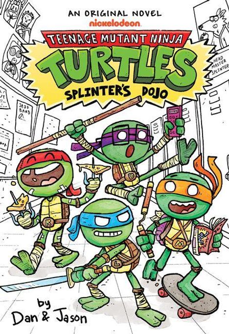 "Teenage Mutant Ninja Turtles: Splinter's Dojo" mit fröhlichen, kämpfenden Schildkröten in bunter Ausrüstung und Waffen.