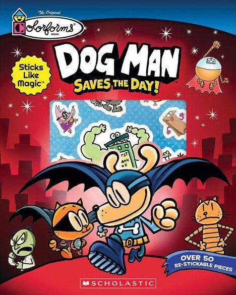 "Dog Man Saves the Day!" zeigt einen Hund in Superheldenkostüm, begleitet von Comic-Charakteren, vor einer roten Stadtsilhouette.