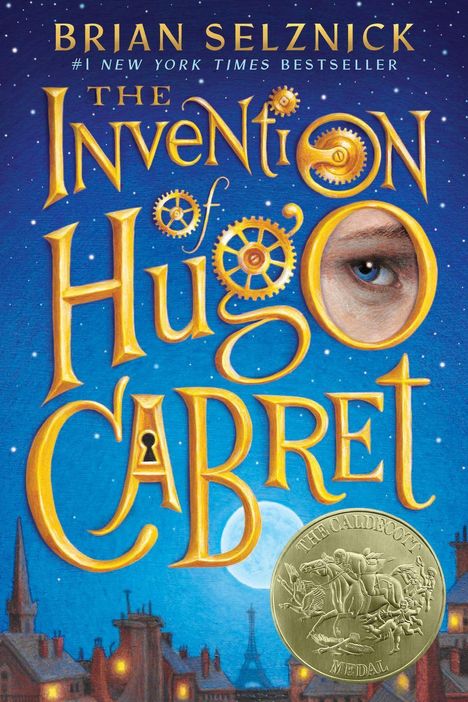 Buchcover "The Invention of Hugo Cabret" von Brian Selznick, mit Zahnrädern und einem Auge im Buchstaben "O".