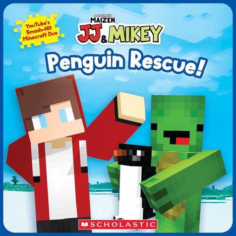 "Penguin Rescue!", darunter zwei blockhafte Figuren im Stil von Minecraft, einer hält einen Pinguin.