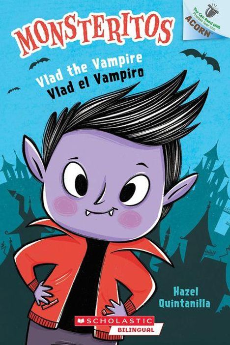 Titel: MONSTERITOS Vlad the Vampire/Vlad el Vampiro. Illustration: Lila Vampir mit schwarzen Haaren, in roter Jacke.