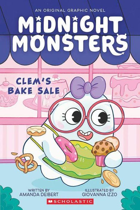 Text: "Midnight Monsters", "Clem's Bake Sale". Zeichentrickfigur mit Brille hält Gebäck. Name der Autorin und Illustratorin.