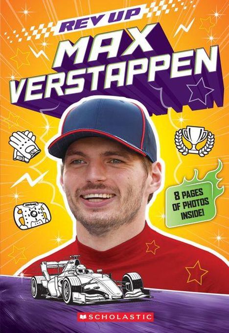 "REV UP MAX VERSTAPPEN 8 PAGES OF PHOTOS INSIDE!" Porträt eines Mannes mit Kappe, Rennwagen-Illustration, Trophäen-Symbole.