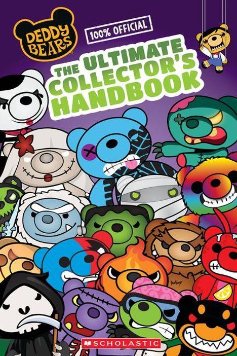 Text: "100% Official Deddy Bears: The Ultimate Collector’s Handbook." Illustration bunter Bären mit unterschiedlichen Ausdrücken.