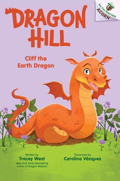 Text: "Dragon Hill", "Cliff the Earth Dragon". Illustration eines fröhlichen, orangefarbenen Drachens auf einer Blumenwiese.