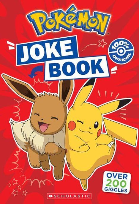 "POKÉMON JOKE BOOK" steht in großen Buchstaben. Es gibt eine Illustration von Pikachu und Evoli auf rotem Hintergrund.